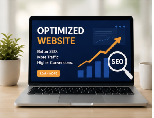 Optimized website on laptop screen showing SEO growth, higher ranking, and increased traffic